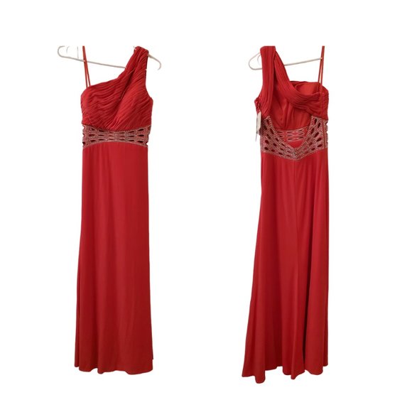 NWT David's Bridal One Shoulder Cut Out Silver Rhinestone Waist Coral Dress 0 - Picture 3 of 9